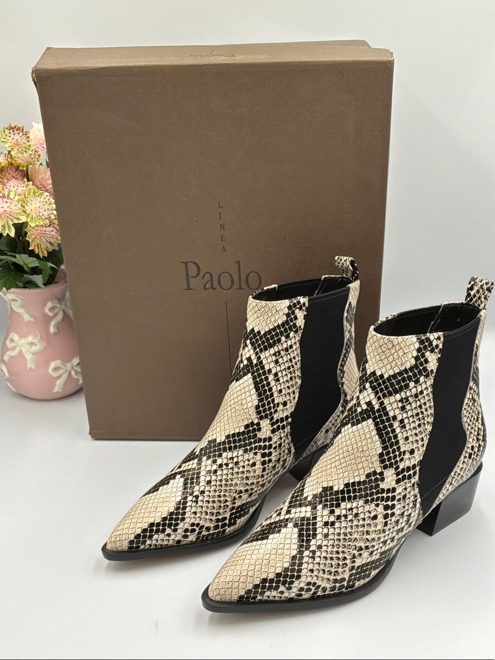 Paolo Black & Cream Snake-Print Chelsea Ankle Boots